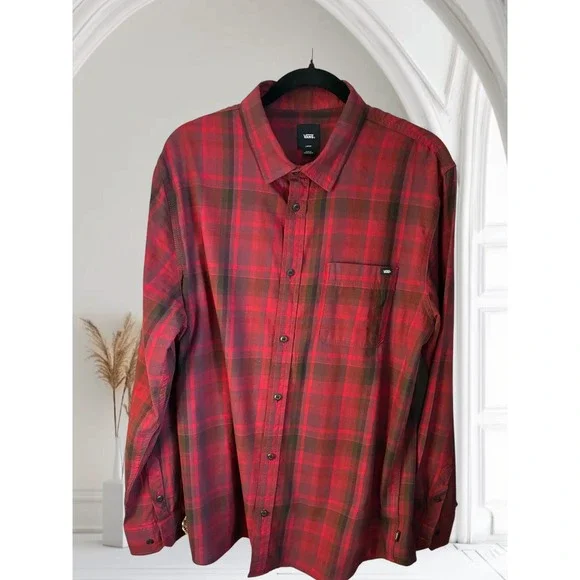 Vans Mens Flannel Shirt Button Up Plaid Long Sleeve Casual Top Red Large - Picture 8 of 10